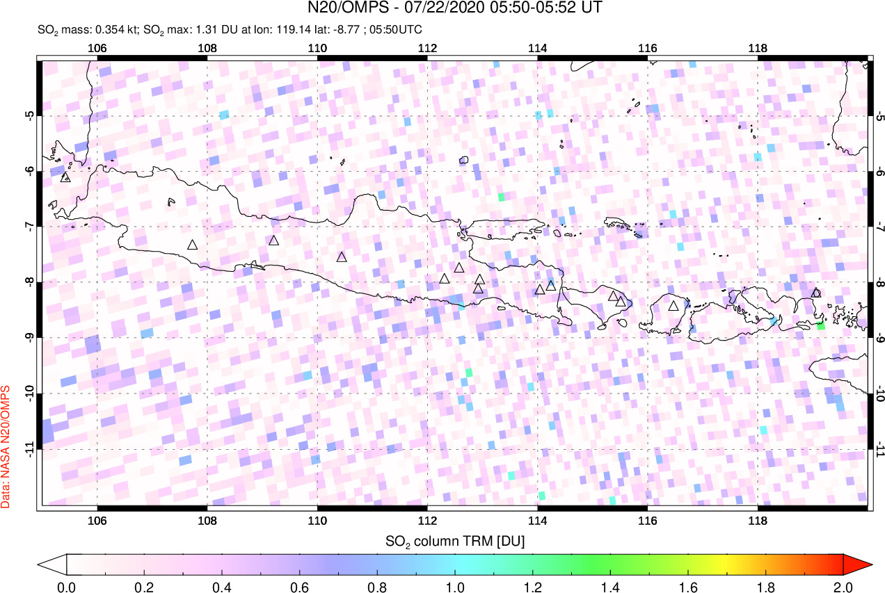 A sulfur dioxide image over Java, Indonesia on Jul 22, 2020.