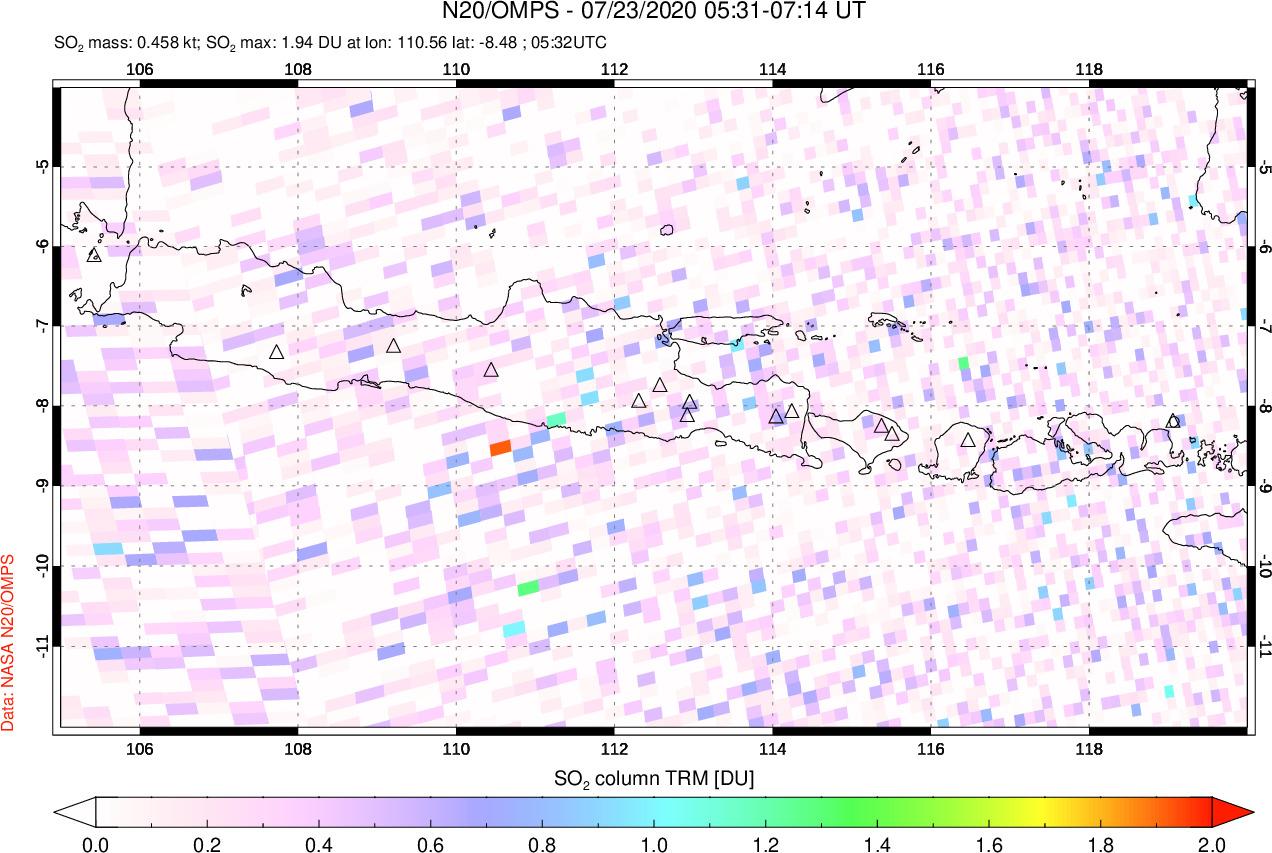 A sulfur dioxide image over Java, Indonesia on Jul 23, 2020.