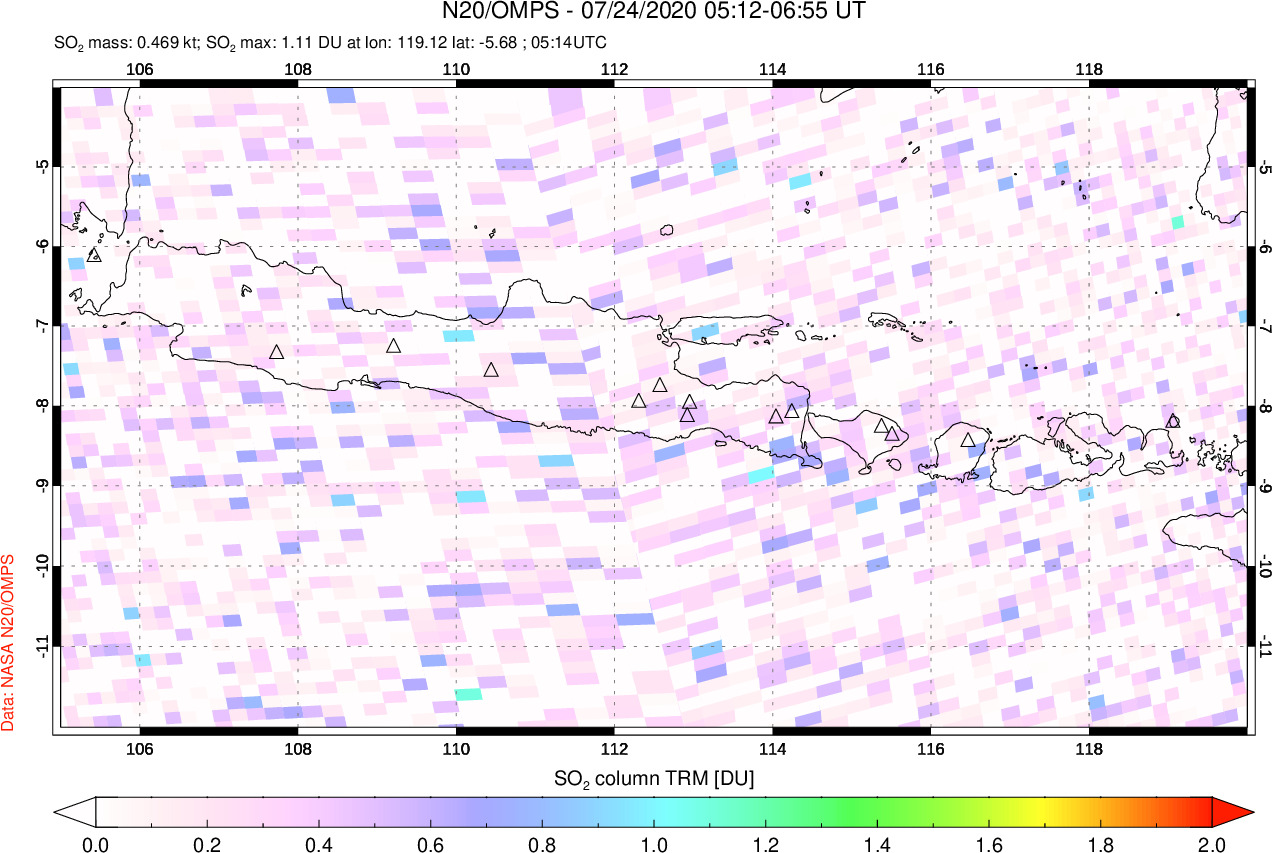 A sulfur dioxide image over Java, Indonesia on Jul 24, 2020.