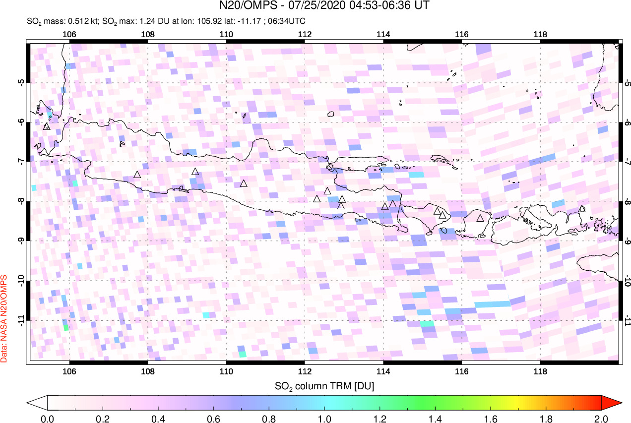 A sulfur dioxide image over Java, Indonesia on Jul 25, 2020.