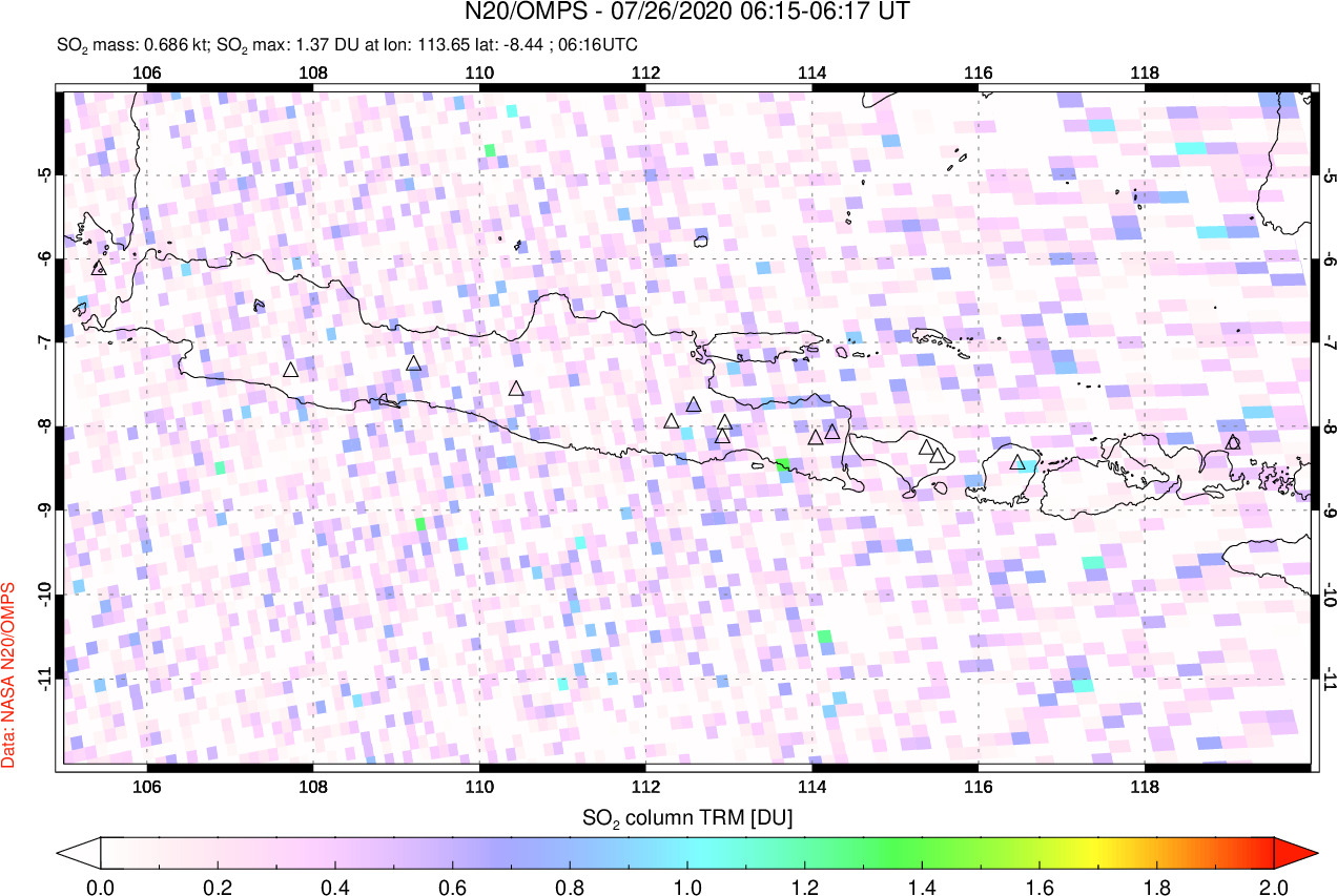 A sulfur dioxide image over Java, Indonesia on Jul 26, 2020.