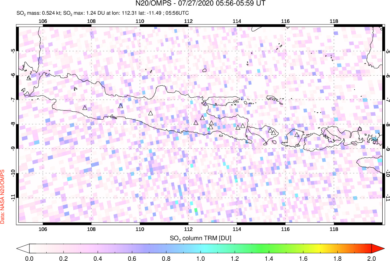 A sulfur dioxide image over Java, Indonesia on Jul 27, 2020.