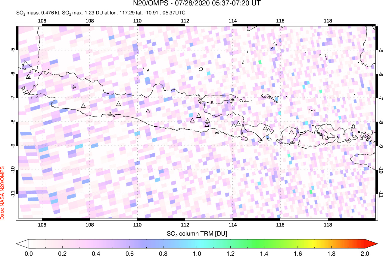 A sulfur dioxide image over Java, Indonesia on Jul 28, 2020.