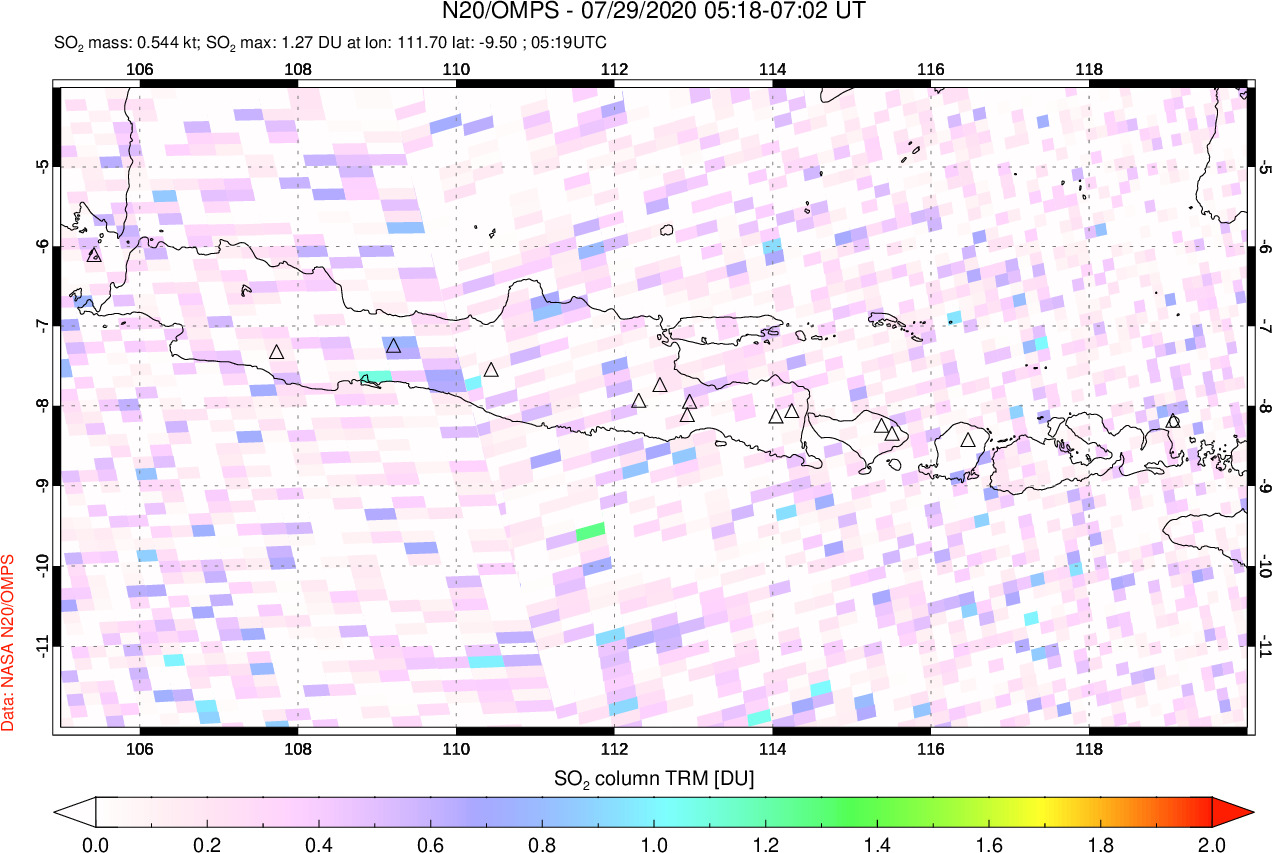 A sulfur dioxide image over Java, Indonesia on Jul 29, 2020.
