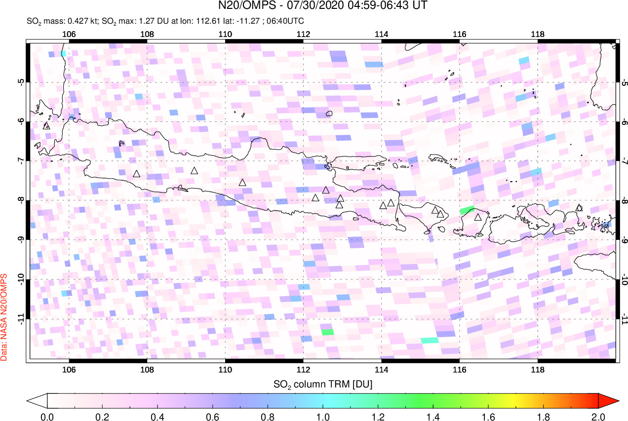 A sulfur dioxide image over Java, Indonesia on Jul 30, 2020.