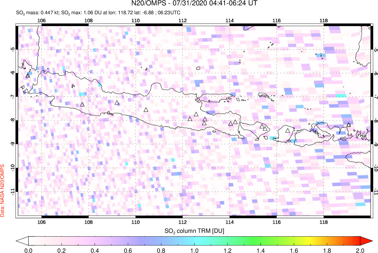 A sulfur dioxide image over Java, Indonesia on Jul 31, 2020.