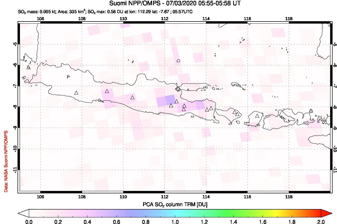 A sulfur dioxide image over Java, Indonesia on Jul 03, 2020.