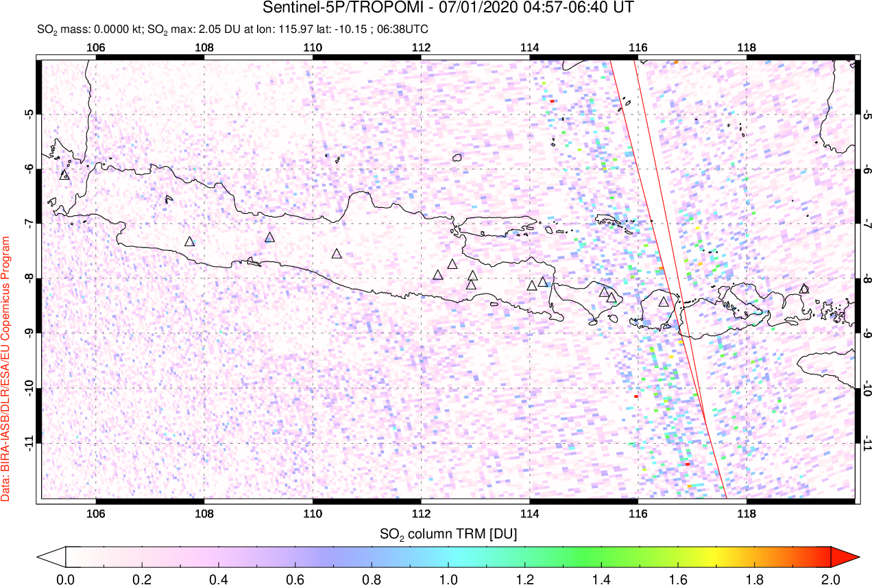 A sulfur dioxide image over Java, Indonesia on Jul 01, 2020.
