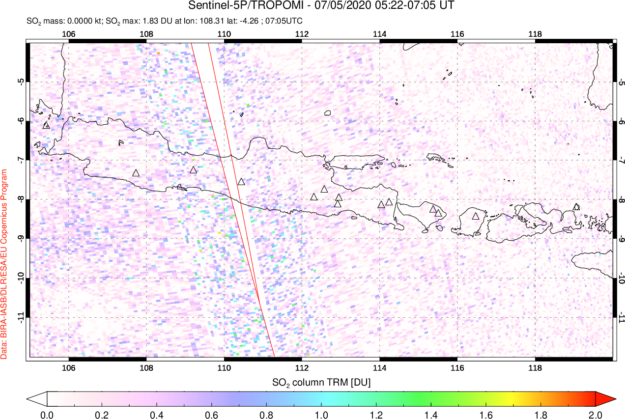 A sulfur dioxide image over Java, Indonesia on Jul 05, 2020.