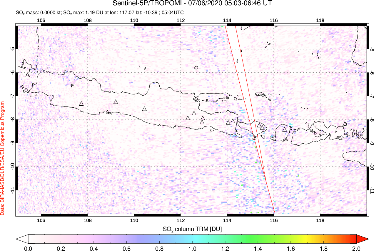 A sulfur dioxide image over Java, Indonesia on Jul 06, 2020.