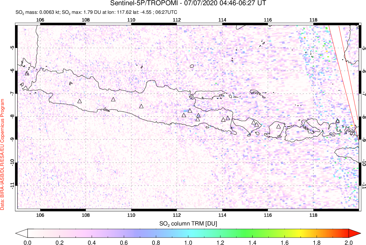 A sulfur dioxide image over Java, Indonesia on Jul 07, 2020.