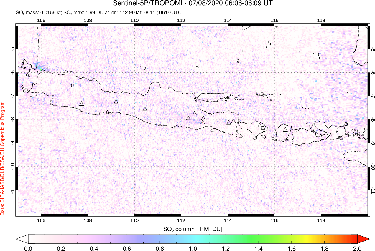 A sulfur dioxide image over Java, Indonesia on Jul 08, 2020.