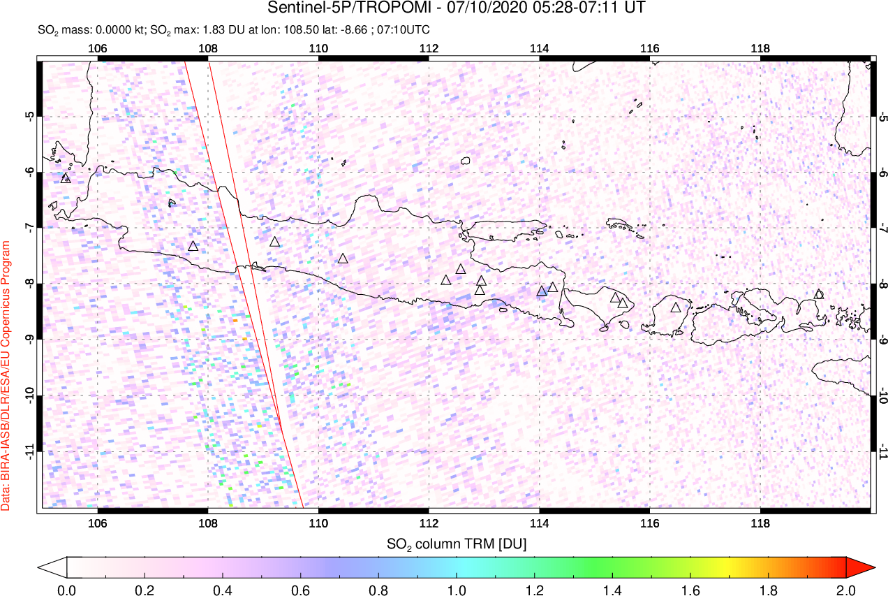A sulfur dioxide image over Java, Indonesia on Jul 10, 2020.
