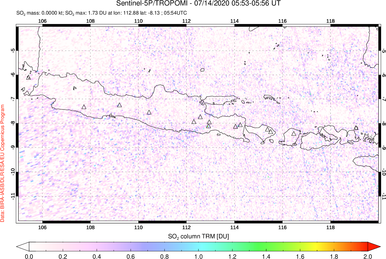 A sulfur dioxide image over Java, Indonesia on Jul 14, 2020.