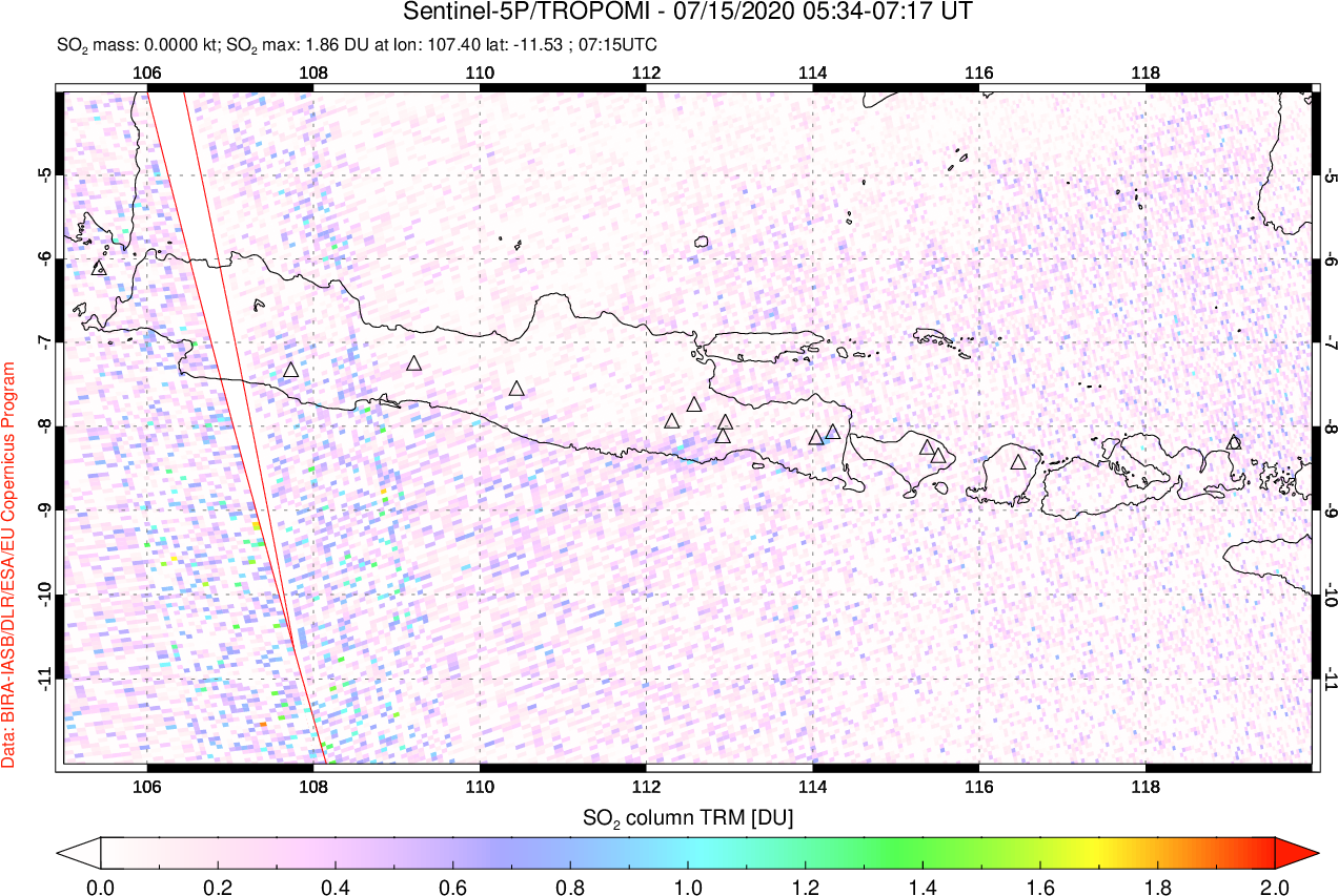 A sulfur dioxide image over Java, Indonesia on Jul 15, 2020.