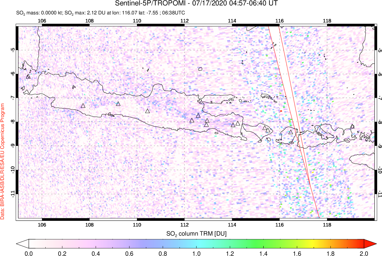 A sulfur dioxide image over Java, Indonesia on Jul 17, 2020.