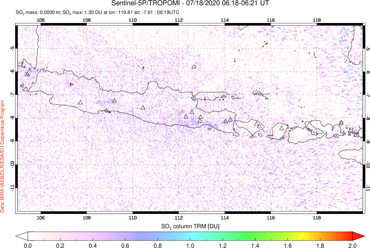 A sulfur dioxide image over Java, Indonesia on Jul 18, 2020.
