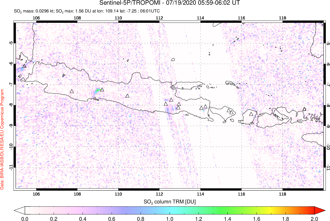 A sulfur dioxide image over Java, Indonesia on Jul 19, 2020.