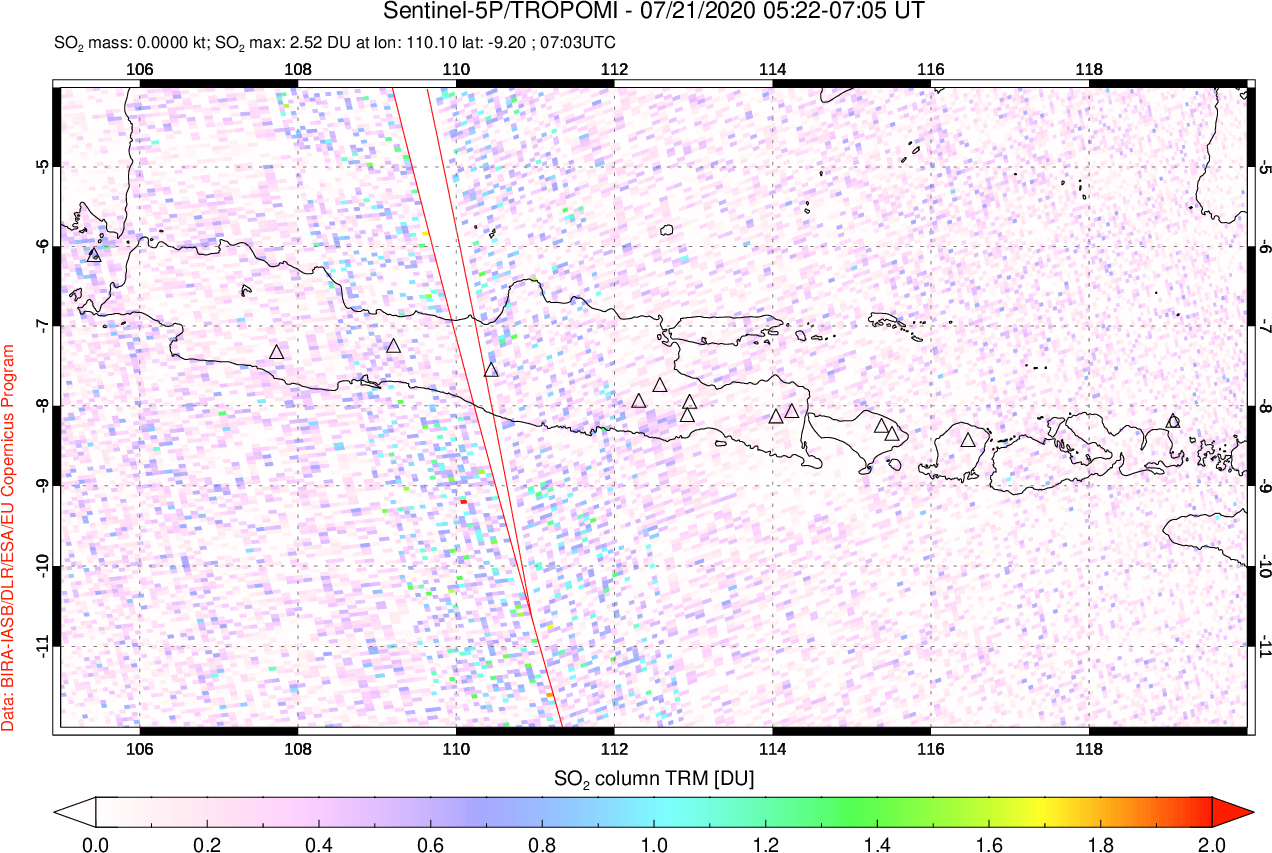 A sulfur dioxide image over Java, Indonesia on Jul 21, 2020.