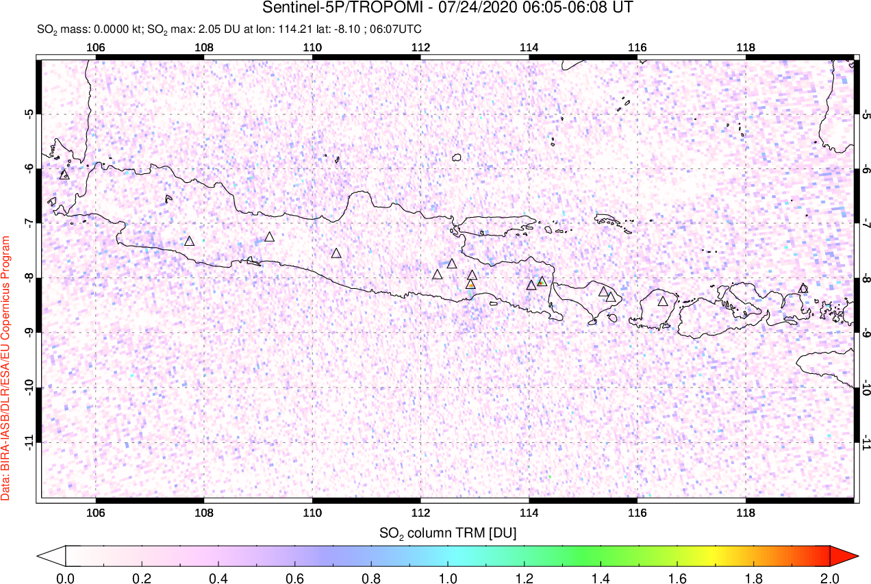 A sulfur dioxide image over Java, Indonesia on Jul 24, 2020.