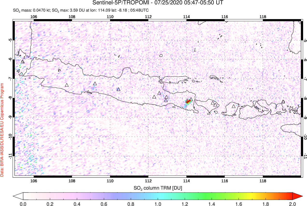 A sulfur dioxide image over Java, Indonesia on Jul 25, 2020.