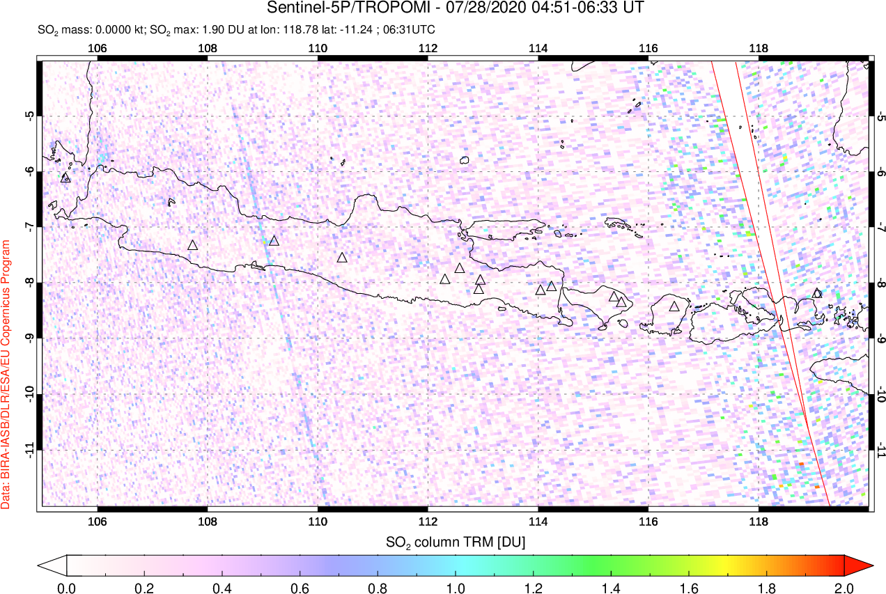A sulfur dioxide image over Java, Indonesia on Jul 28, 2020.