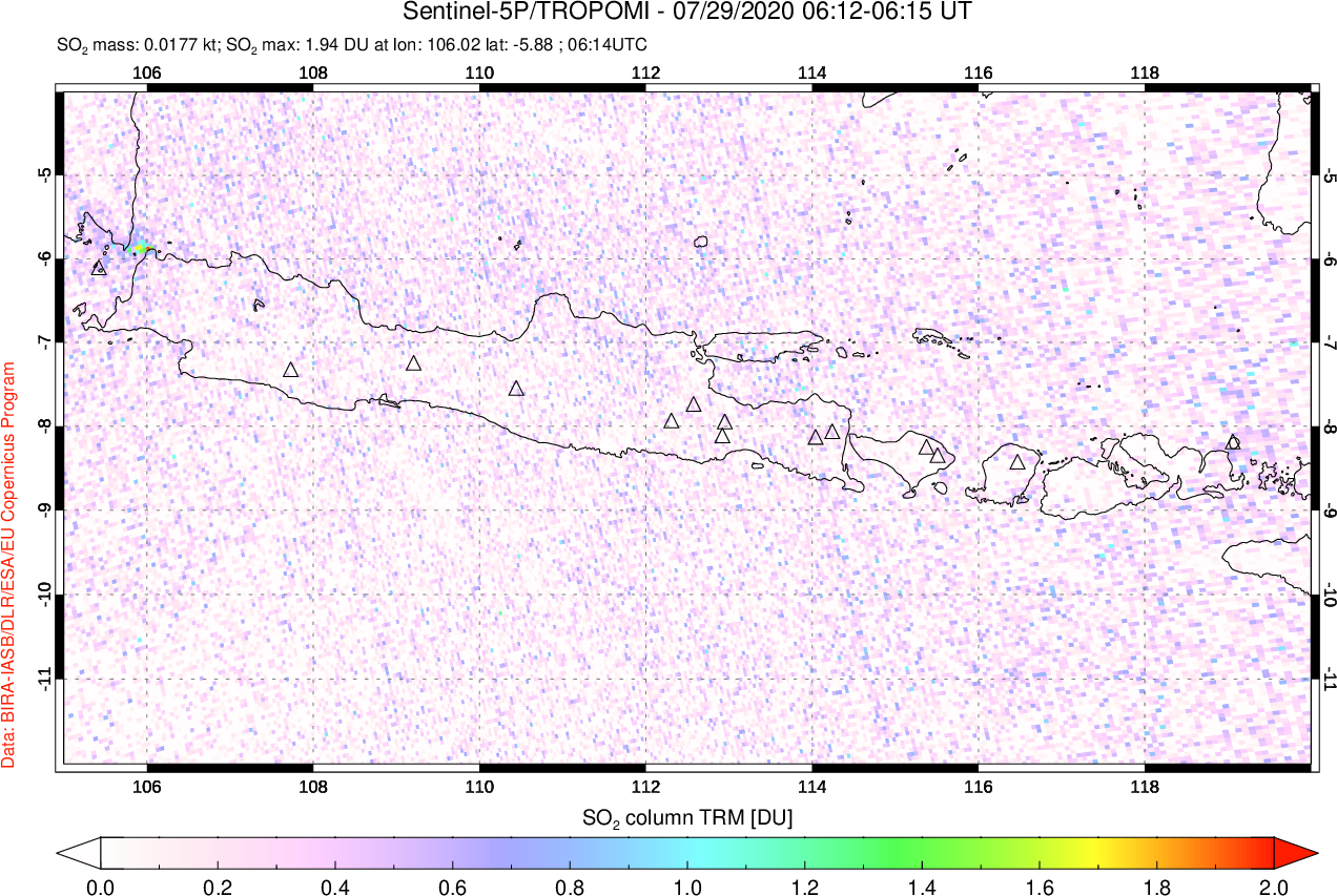 A sulfur dioxide image over Java, Indonesia on Jul 29, 2020.