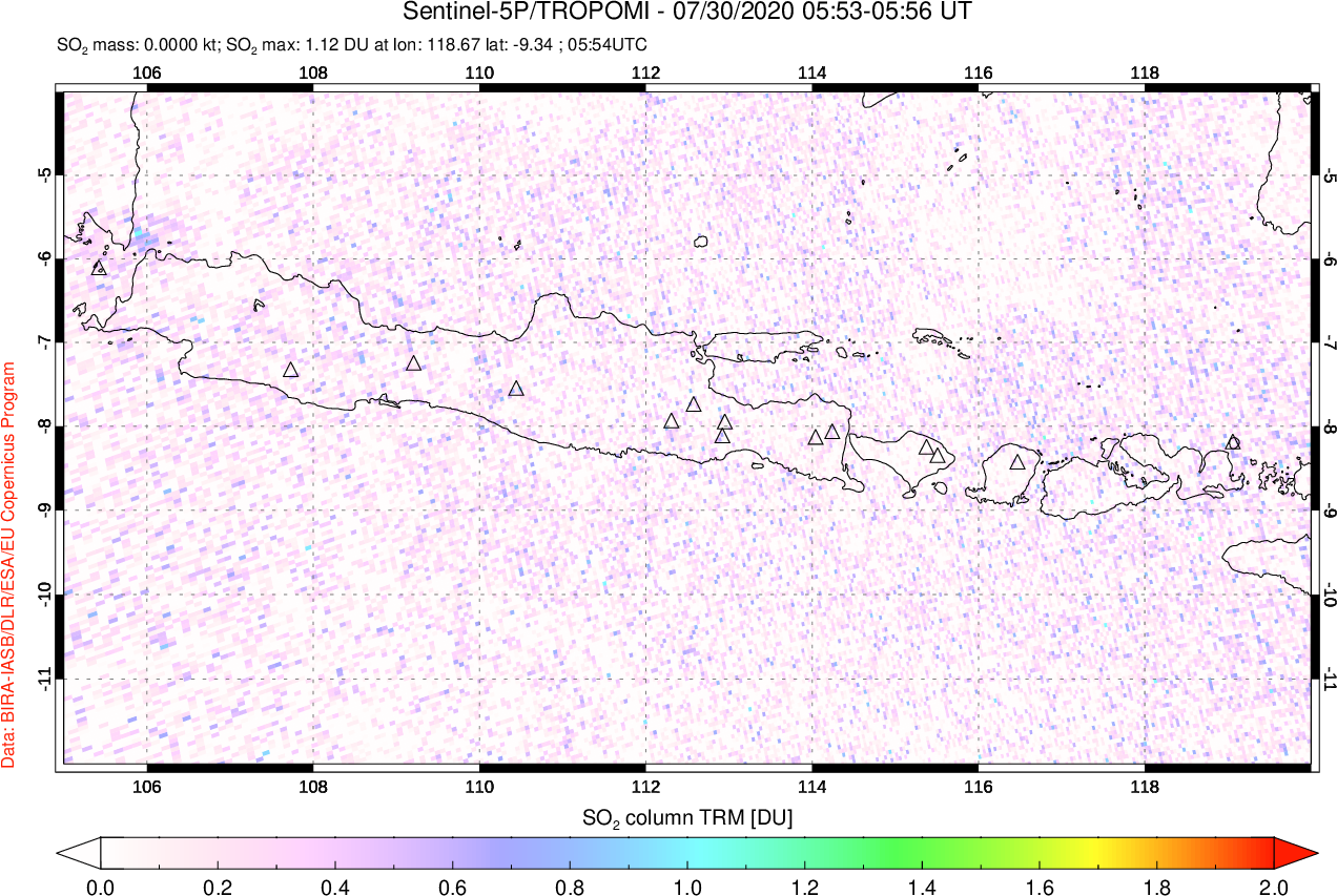A sulfur dioxide image over Java, Indonesia on Jul 30, 2020.
