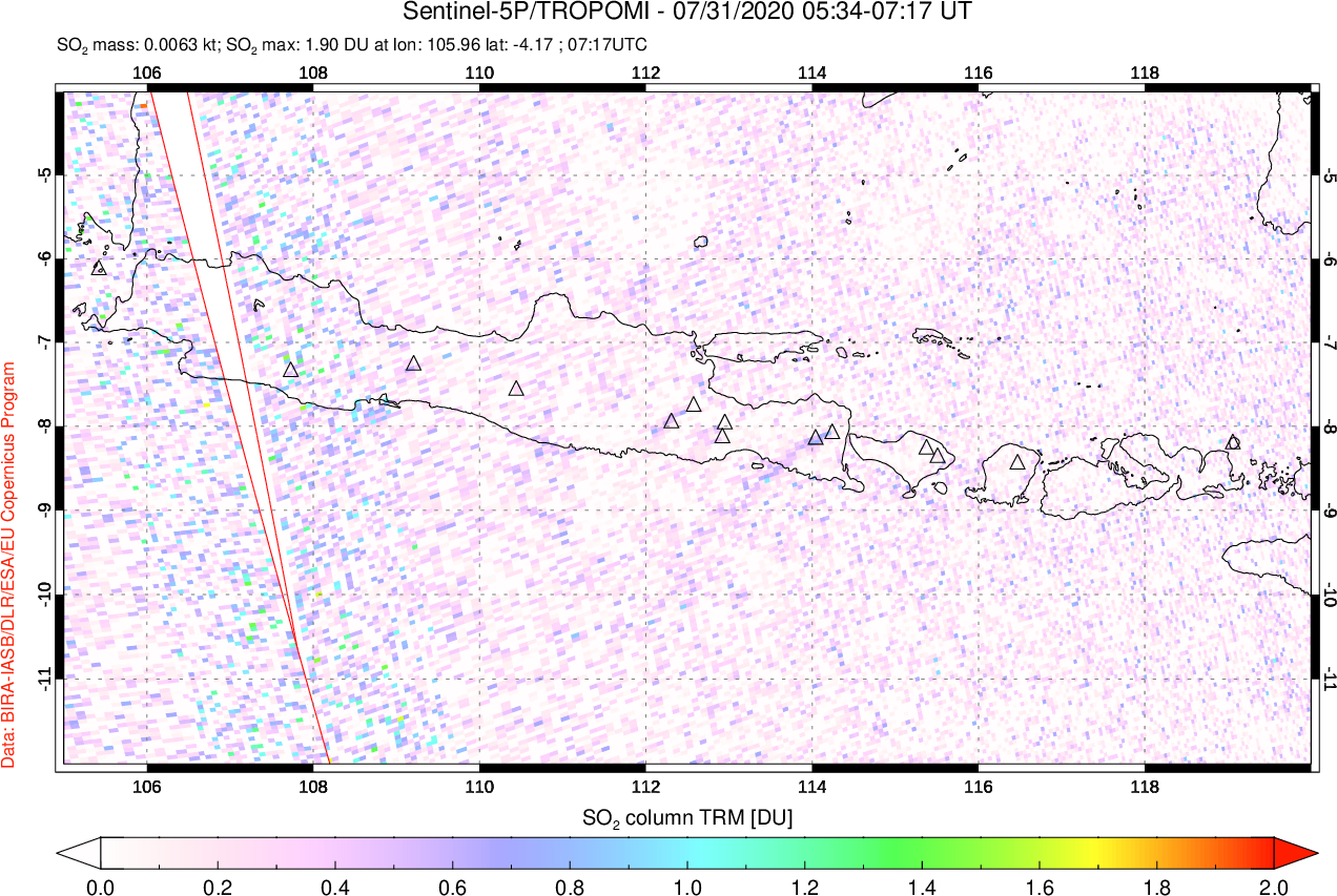 A sulfur dioxide image over Java, Indonesia on Jul 31, 2020.