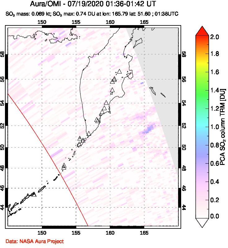 A sulfur dioxide image over Kamchatka, Russian Federation on Jul 19, 2020.
