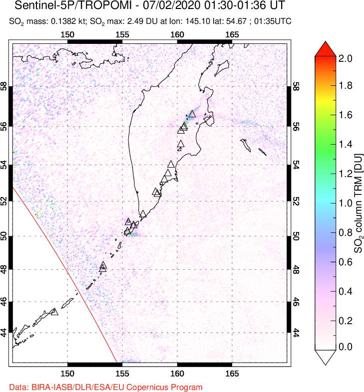 A sulfur dioxide image over Kamchatka, Russian Federation on Jul 02, 2020.
