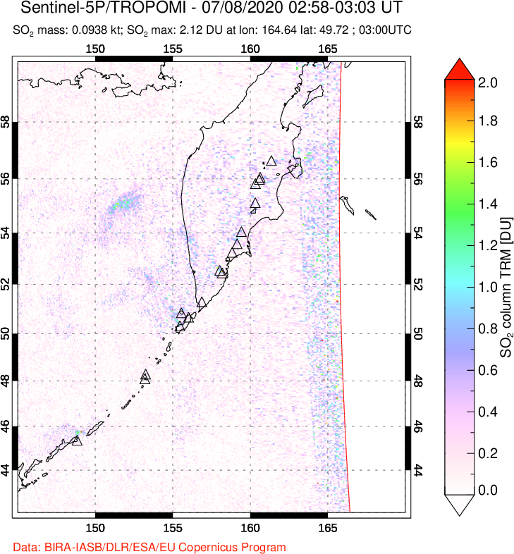 A sulfur dioxide image over Kamchatka, Russian Federation on Jul 08, 2020.