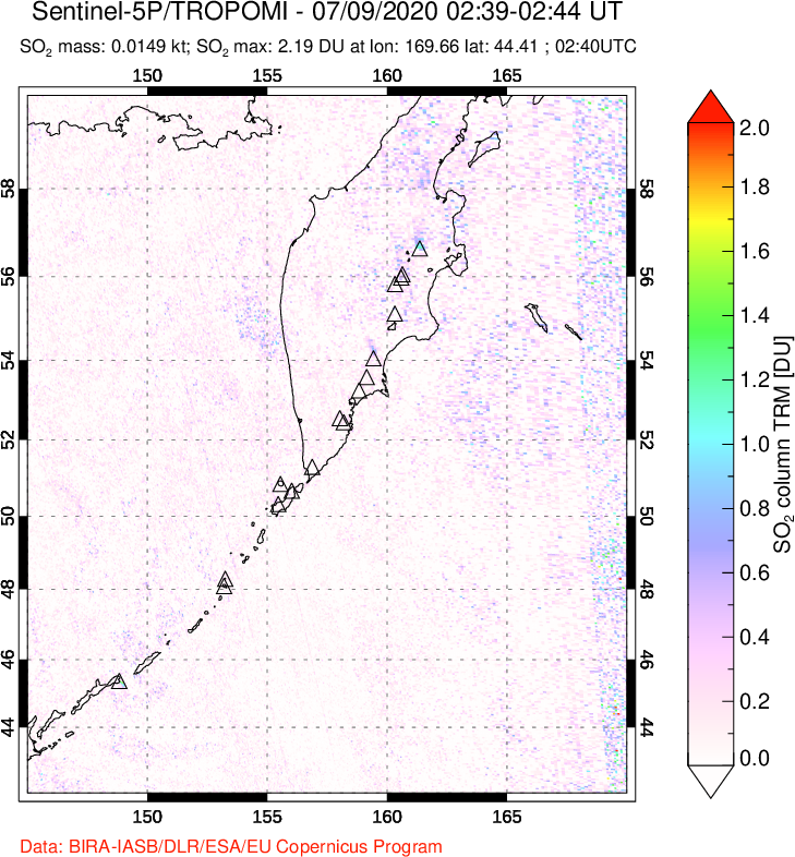 A sulfur dioxide image over Kamchatka, Russian Federation on Jul 09, 2020.