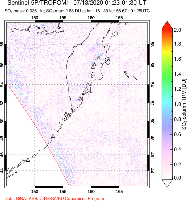 A sulfur dioxide image over Kamchatka, Russian Federation on Jul 13, 2020.