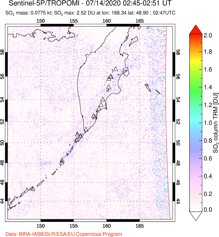 A sulfur dioxide image over Kamchatka, Russian Federation on Jul 14, 2020.