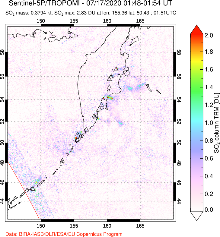 A sulfur dioxide image over Kamchatka, Russian Federation on Jul 17, 2020.