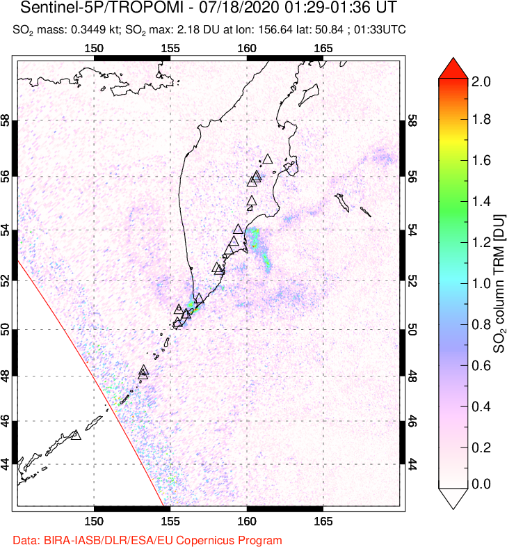 A sulfur dioxide image over Kamchatka, Russian Federation on Jul 18, 2020.