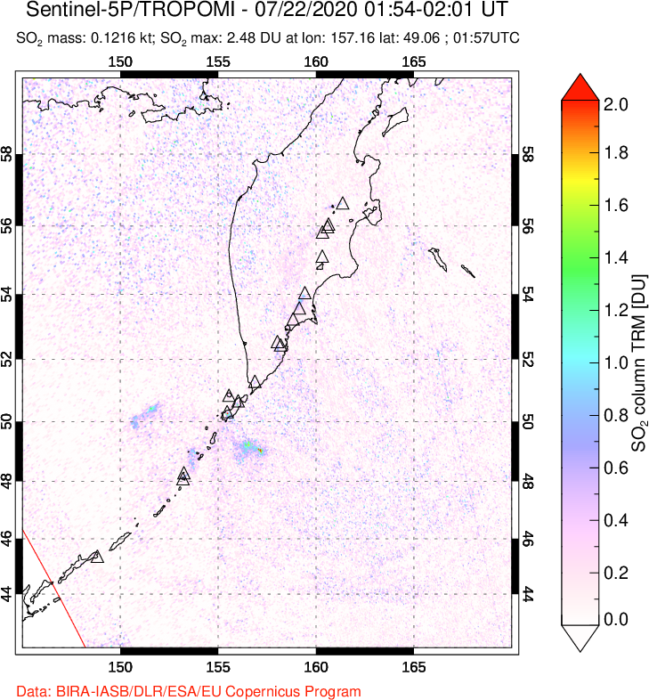 A sulfur dioxide image over Kamchatka, Russian Federation on Jul 22, 2020.