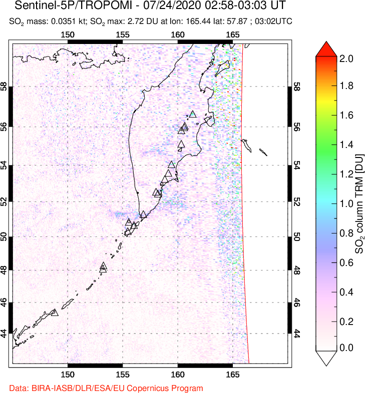 A sulfur dioxide image over Kamchatka, Russian Federation on Jul 24, 2020.