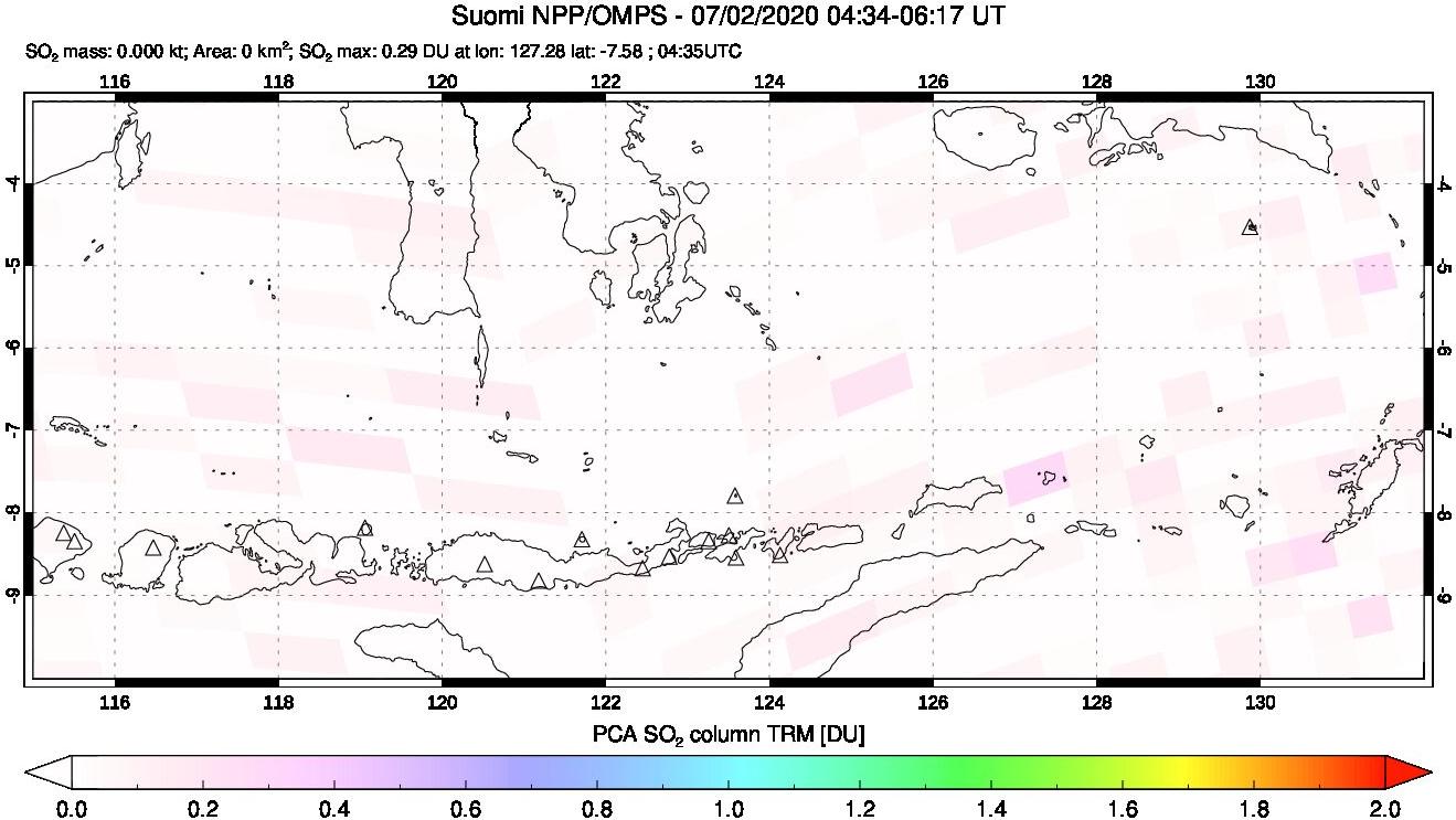 A sulfur dioxide image over Lesser Sunda Islands, Indonesia on Jul 02, 2020.