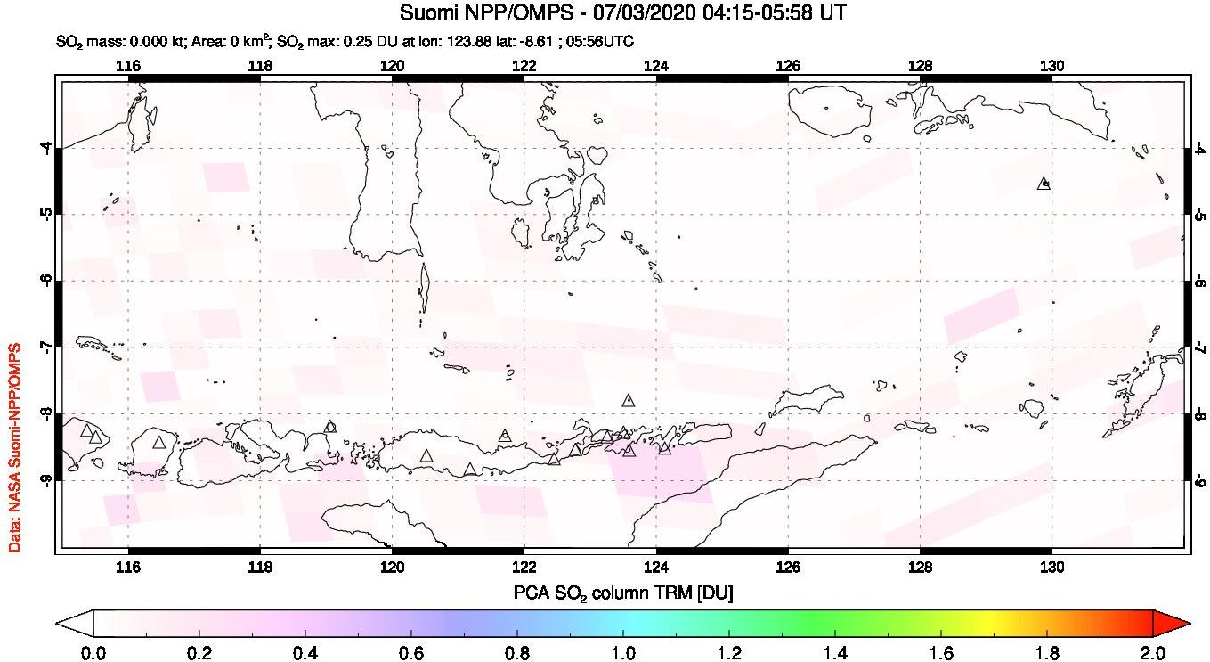 A sulfur dioxide image over Lesser Sunda Islands, Indonesia on Jul 03, 2020.