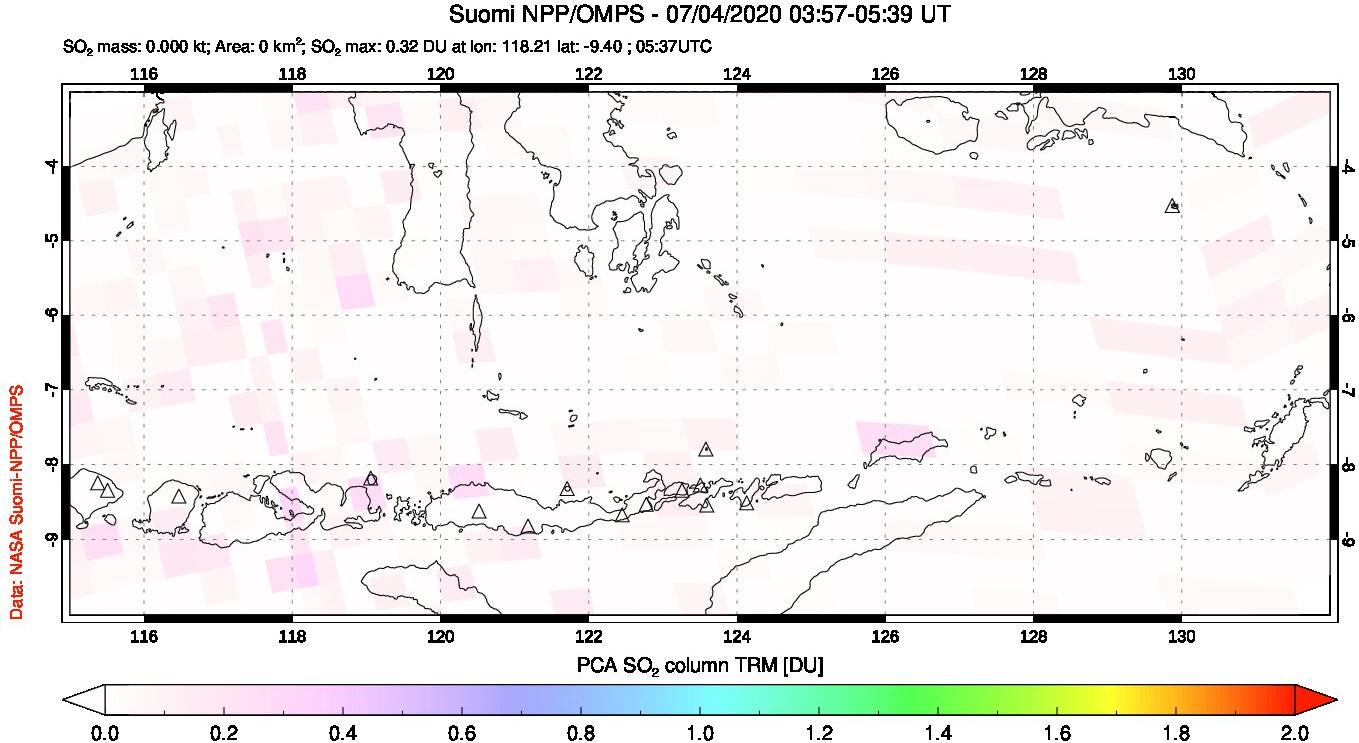 A sulfur dioxide image over Lesser Sunda Islands, Indonesia on Jul 04, 2020.