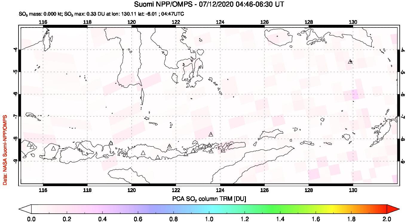 A sulfur dioxide image over Lesser Sunda Islands, Indonesia on Jul 12, 2020.