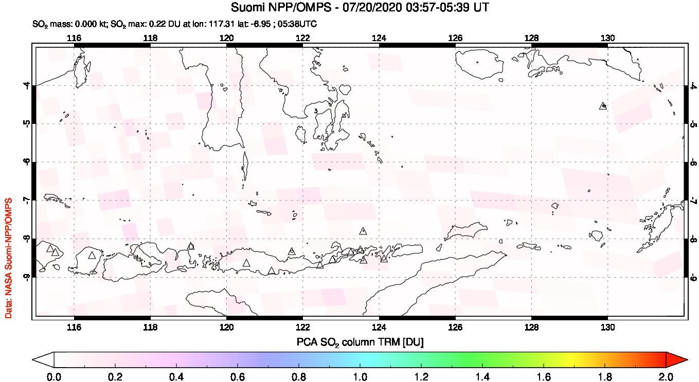 A sulfur dioxide image over Lesser Sunda Islands, Indonesia on Jul 20, 2020.