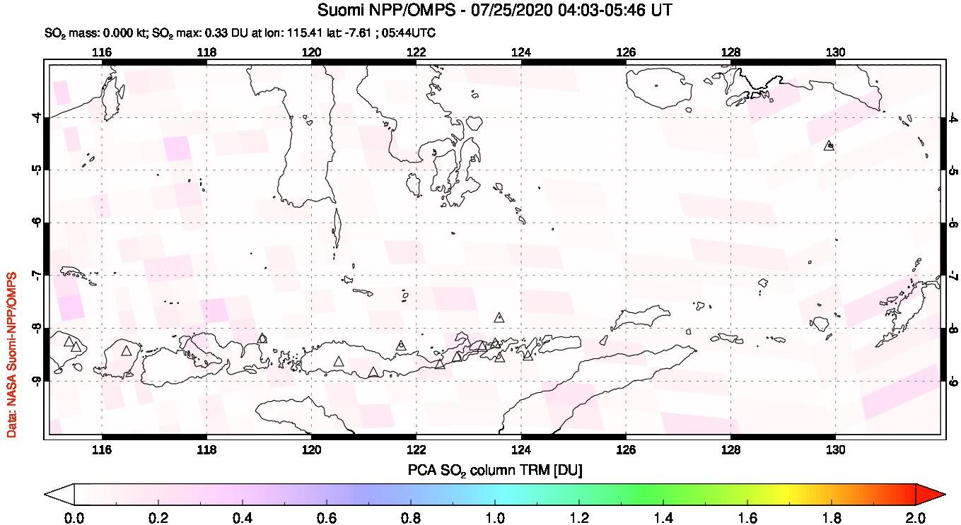 A sulfur dioxide image over Lesser Sunda Islands, Indonesia on Jul 25, 2020.
