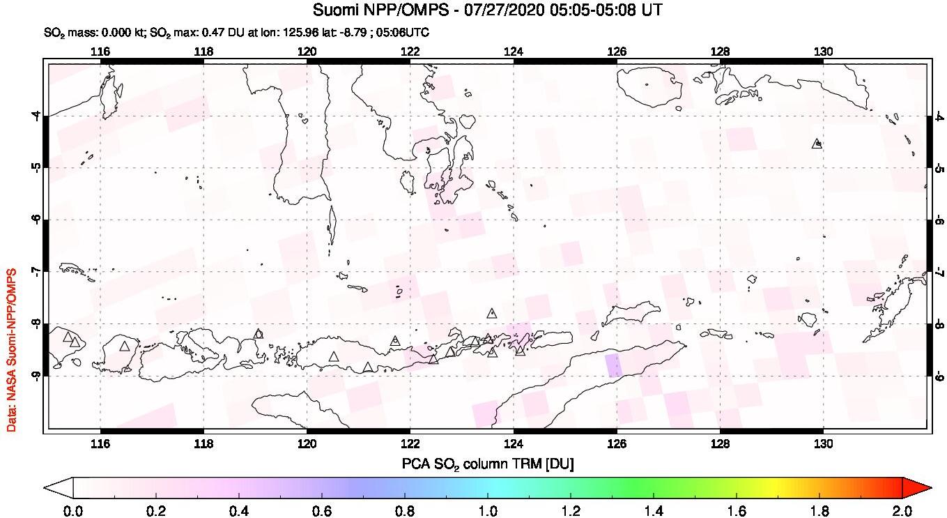 A sulfur dioxide image over Lesser Sunda Islands, Indonesia on Jul 27, 2020.