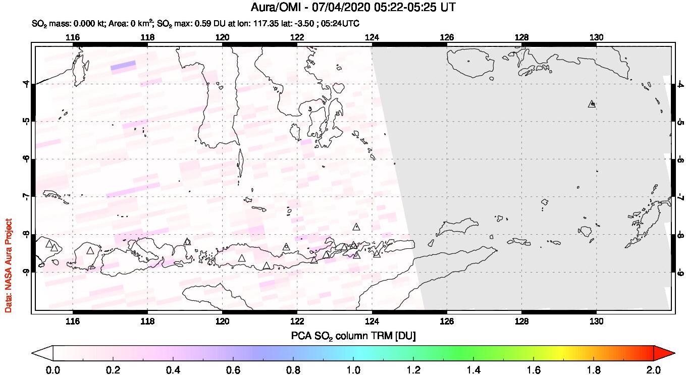 A sulfur dioxide image over Lesser Sunda Islands, Indonesia on Jul 04, 2020.