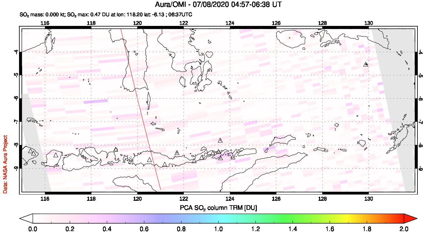 A sulfur dioxide image over Lesser Sunda Islands, Indonesia on Jul 08, 2020.
