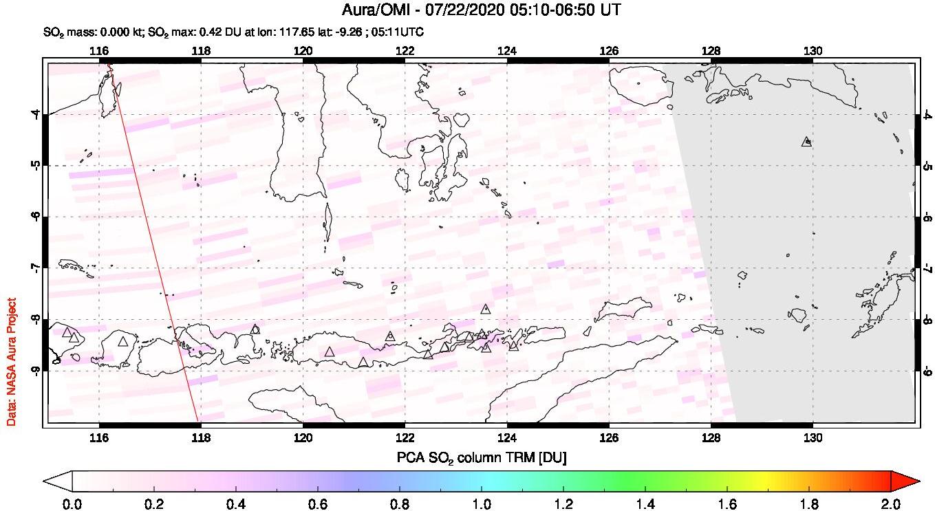A sulfur dioxide image over Lesser Sunda Islands, Indonesia on Jul 22, 2020.