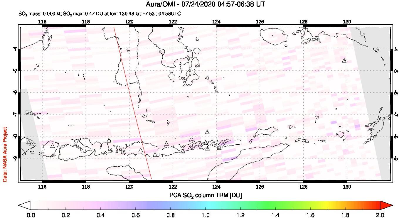 A sulfur dioxide image over Lesser Sunda Islands, Indonesia on Jul 24, 2020.